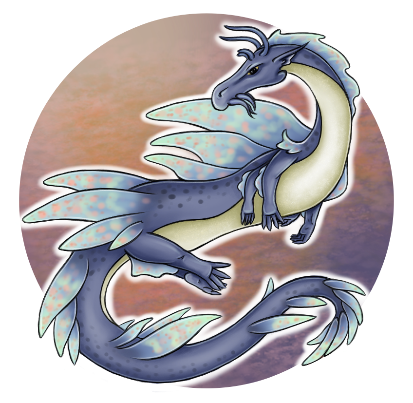 Cartoon style drawing of a long "noodle" type dragon, seemingly floating in the sky with its neck and head turned back and tail bend under its belly. It's purple on back side, pale beige on belly side and instead of wings, it has many sets of soft bright blue fins along its neck, back and tail. There is purple-orange sunset sky, enclosed in a circle, as a background.
