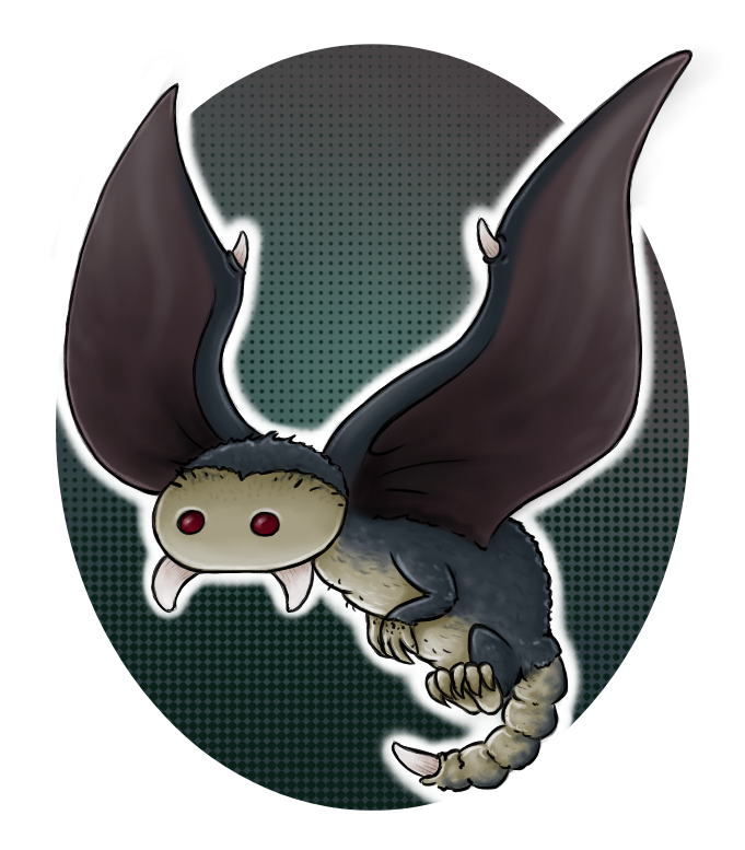 Cartoon style drawing of a creature with membrane wings, similar to bat, or more bat Pokemon. It has both normal front paws like hands and wings as separate limbs. It's beige on belly, face and scorpio-like tail, and grayish blue on back side. It has round red eyes and pair of fangs like insect. It's flying, with other limbs close to its belly. There is dark gray-green oval as a background behind creature's body.