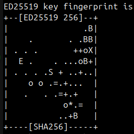Small cut of a screenshot of black linux terminal displaying ssh key randomart. Shape of this bunch of characters is similar to silhouette of creature from first image.