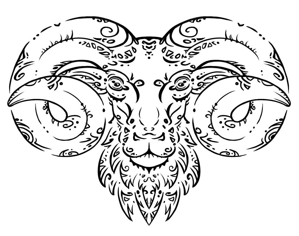 Portrait of a ram, depicted from front, drawn in style similar to "tribal" tattoos, made of thick black lines. There are many arches, spirals, small triangles and dots, making psychedelic patterns on ram's fur and huge horns.