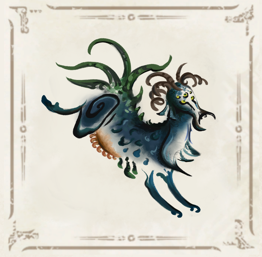 Slightly watercolor imitating drawing of a running monster goat, with dark blue fur, bunch of tentacles in place of a tail, many yellow eyes like a spider and multiplied udder. This creature has at least two pair of horns, but spirals around its head are purposely ambiguous in this style. Contours are open or broken, coloured spots don't fill them exactly, like it was quickly painted.