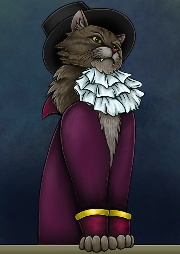 Drawing of a gray tabby cat, wearing old-school purple suit, black hat and white frill which is mixing with fluff on his neck and chest. The cat is looking down on watcher, supporting front paws on some wooden surface, close to each other - it could be human pose as well.