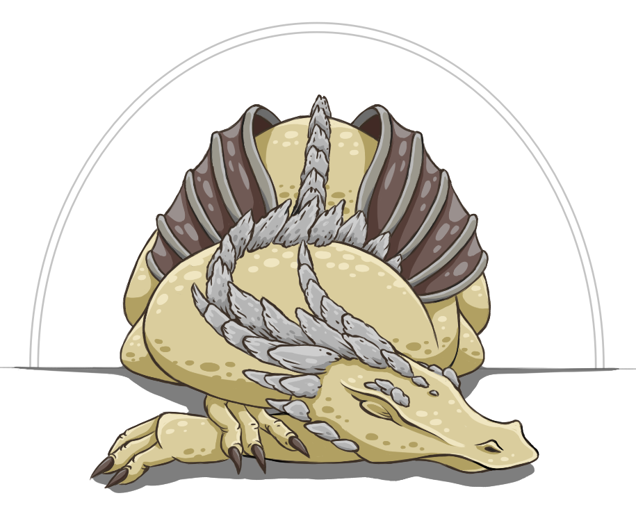 Cartoon style and simple looking drawing of a sleeping dragon. This creature is depicted from front, with face close to watcher. It is sleeping using front forearms as a pillow and with wings closely hugging sides. It yellowish beige, with chocolate brown membrane wings and gray segmented horns looking like made of stone. It has also similar stone-like bony plates along the spine. There is subtle gray arch above dragon's silhouette, suggesting cave entrance.