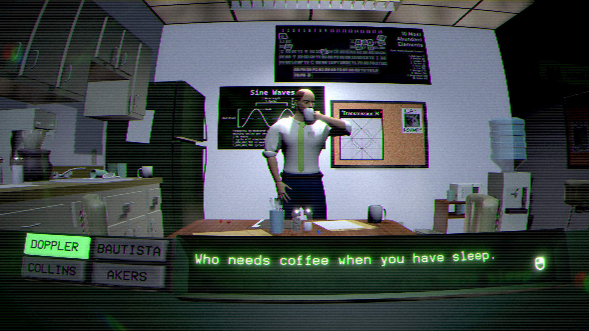 Screenshot from a game called "The Message From Deep Space". A character is shown on screen, saying "Who needs coffee, when you have sleep"